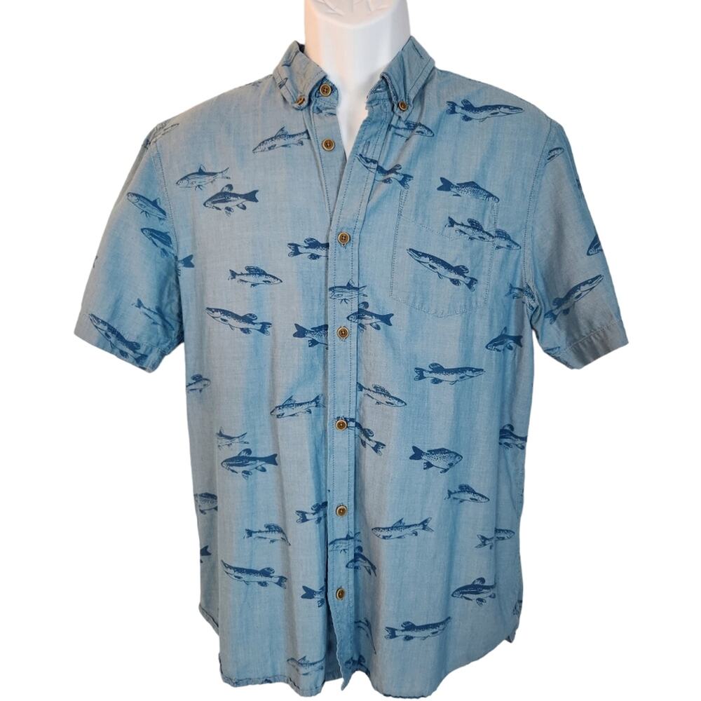 Chevignon Shirt Short Sleeve Mens Large Slim Fit Blue Fish Print Buttonup